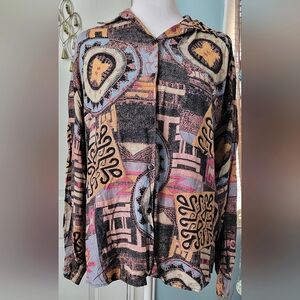 Vintage 80's Button Down Women's M Multi-color Avant Garde Graphic 3/4 Sleeve‎